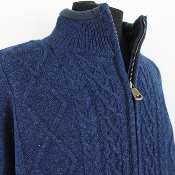 New Mens Aran Zip Front Wool Sweater Blue Green L - Picture 4 of 9